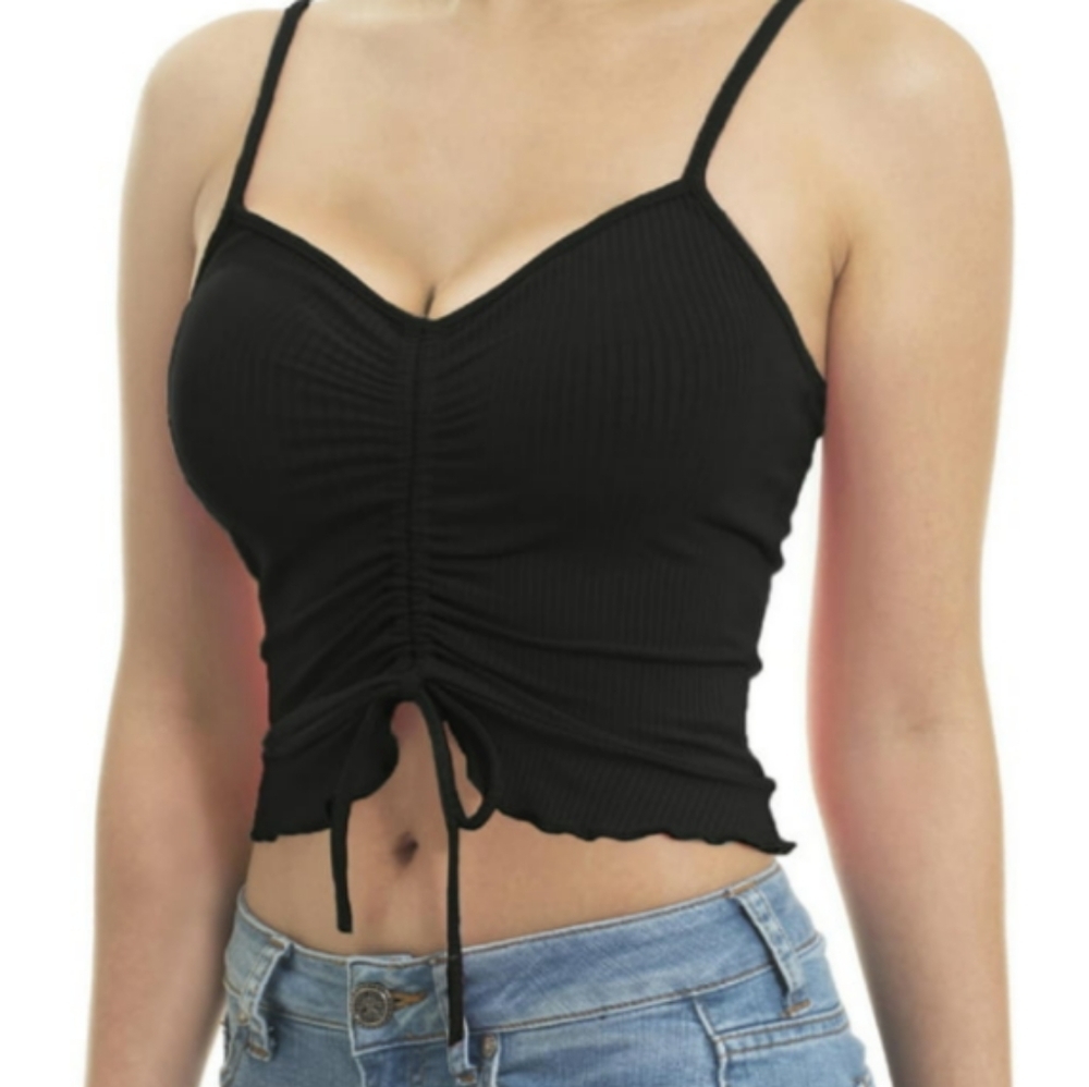 Pac Sun Crop Top Woman L Tunnel Drawstring Front Tie Ribbed Strap Ruffle Hemmed